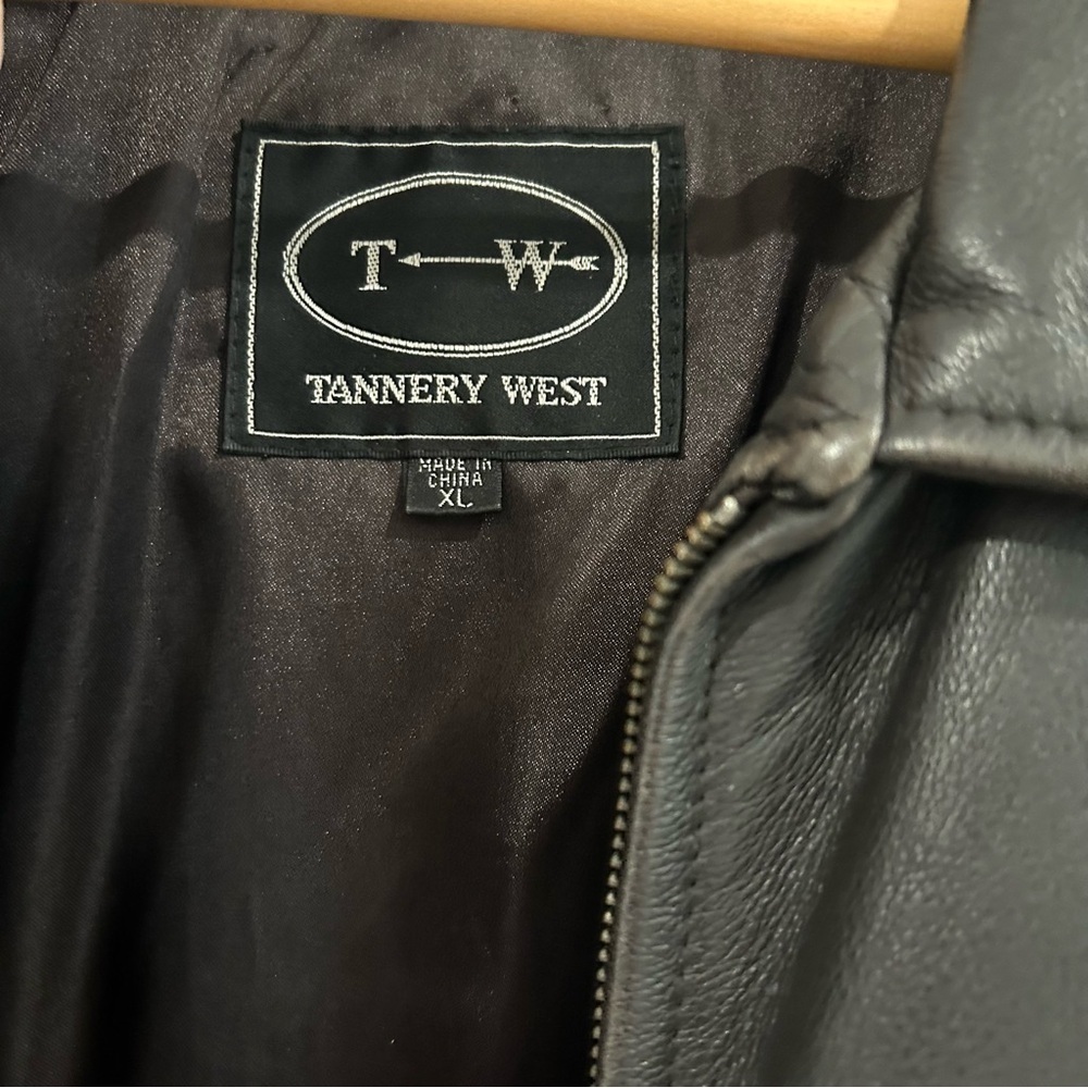 VTG 90s Tannery West Leather Black Brown Belt Collar Zip Jacket Coat Women XL - Picture 13 of 17